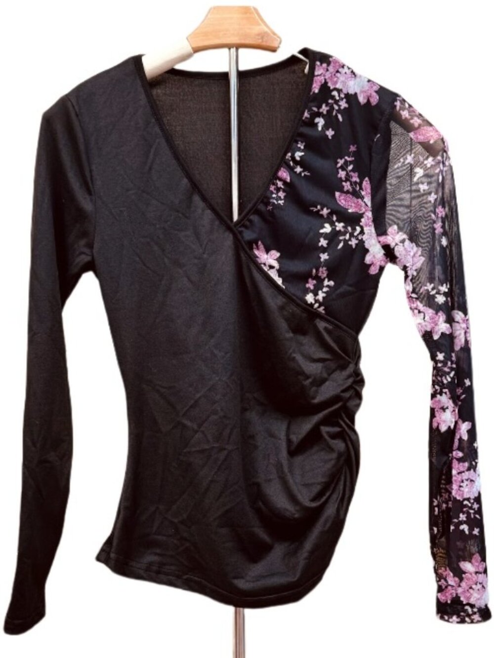 New Breathable Pink Black Floral Top Sheer Sleeve Ruched V-neck Blouse Stretchy